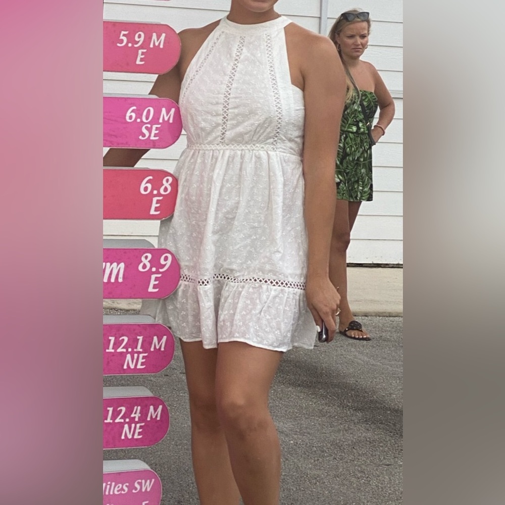 White lace dress with open back & elastic waistband- bachelorette dress